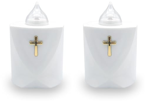 AROBA 2x LED Grabkerze Trauerlicht - Flackereffekt wie echte Kerze - lange Brenndauer bis 120 Tage - wiederverwendbar Friedhofskerze Gedenkkerze Dauerkerze - weiß Heiliges Kreuz