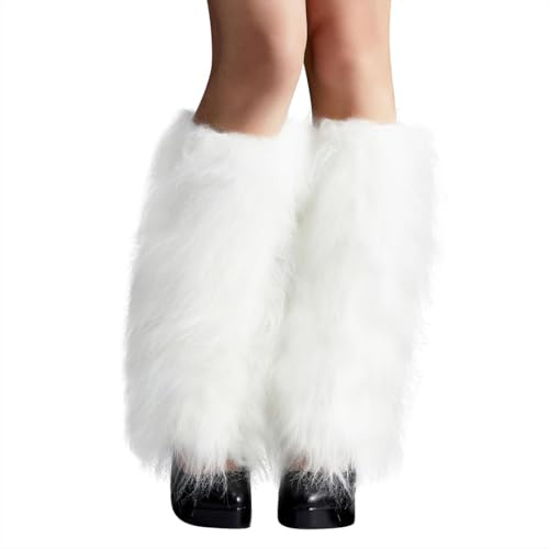 QEXUJOW Stulpen für Damen,Damen Kunstpelz Beinwärmer Plüsch Beinwärmer, Mädchen Furry Fuzzy Beinwärmer Winter Stulpen Damen für Winterwärmer Fasching Mottoparty Verkleidung(weiß 45 cm)