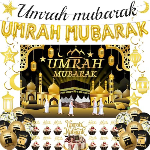Umrah Mubarak Deko Ramadan Set - 49 Pcs Party Schwarz Gold Girlande Konfetti Kanone Luftballons FüR Muslim Party Islamische Festival Eid Mubarak Dekoration Geburtstag Schwarz Gold PartyzubehöR