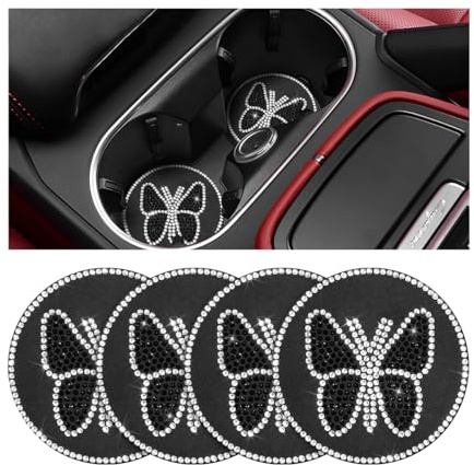 KHGUZ Bling - Sottobicchieri per auto, 4 pezzi, con farfalla e strass, antiscivolo, portabicchieri per veicoli, tappetino isolante per bottiglie, protezione per interni dell'auto, accessori universali
