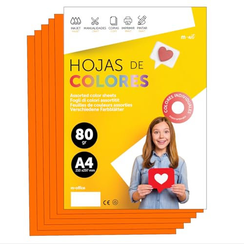 Buntes Papier A4 80g für Drucker & Basteln, Farbige Blätter für Kinder, Kreativprojekte, Karten & Schule M-office (50 Blatt, Orange)