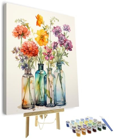TISHIRON Flowers Paint by Numbers Kit for Adults - Flowers in Vases Paint by Number on Canvas, DIY Acrylic Painting for Gifts Home Wall Decor (16x20 Inch, Framed)