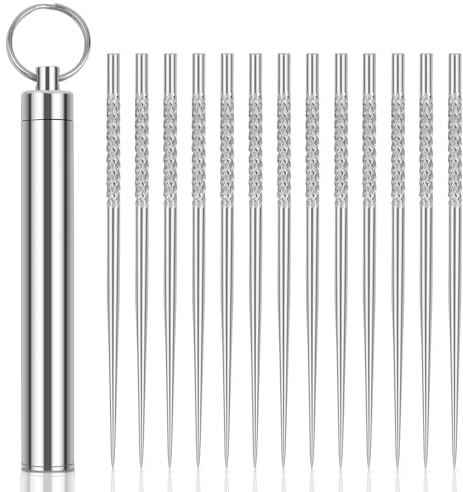 Notoke 13 Stück Tragbare Edelstahl Zahnstocher, mit Edelstahl Zahnstocherbox, Wiederverwendbare Metall Zahnstocher für Outdoor, Camping, Picknick & Reisen (Silber)