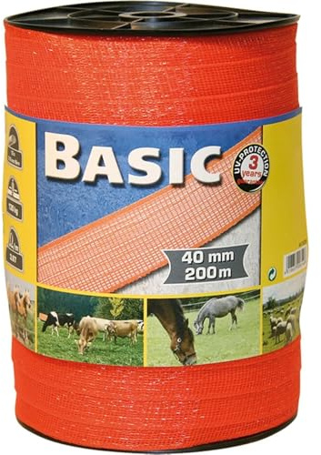 LoviStore Fettuccia Elettrica h40mm-12 Fili-200mt per Elettropascolo, Fettuccia Conduttiva per Recinzione Elettrica, Nastro Elettrico Arancio Isolante per Recinti Pascolativi, Animali