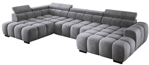 DomiMeble DomoHome Modern OMBO Großes U‑Förmiges Ecksofa Stoff Salvador Silver Linke Seite 393×205×97 cm Verstellbare Kopfstützen, Schlaf‑Optional, Minimalistisches Kubistisches Design