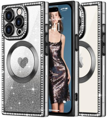 ROSEHUI Magnetic Case for iPhone 15 Pro Max, Sparkle Rhinestones, Black | Compatible with MagSafe, Removable Glitter Card Hearts Pattern, Cute Phone Cover for Women Girls,Rasied Shockproof TPU Bumper
