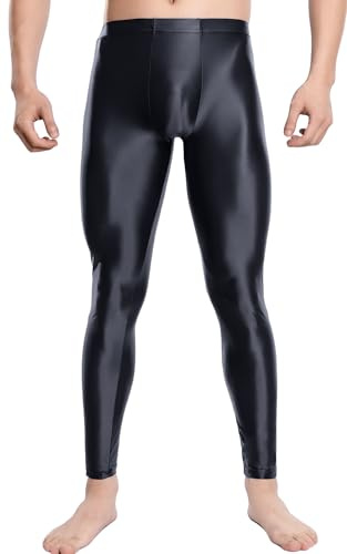 FEOYA Herren Leggings Glossy Strumpfhosen Ölig Glanz Tights Lang Hosen Übergröße Sporthose Yoga Unterhose Slim XL Schwarz