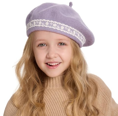 ZLYC Mädchen Klassische Der Französische Künstler Baskenmütze Barett(Spitze Lavendel),Einheitsgröße