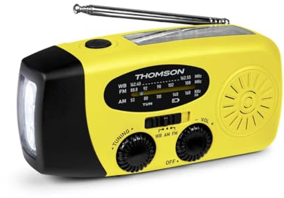 Thomson RT260Y - Notfall-Solarradio FM/AM mit Kurbel, tragbar, Powerbank-Funktion, 2000 mAh, batteriebetriebene Taschenlampe mit LED-Dynamo, SOS-Taste, Heim- und Camping-Taste, Gelb