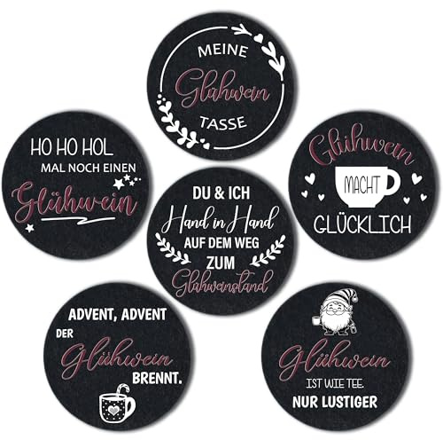 WangsLICHT Filz-Untersetzer „Glühwein Sprüche“ – 6er Set mit Geschenkverpackung | rutschfest & hitzebeständig | Geschenk für Glühweinliebhaber | handgemacht in Deutschland (Glühweinsprüche)