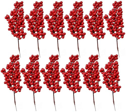 LuupoCiore Christmas Red Berry Twig Stem, 12 Pack Artificial Red Berry Picks for Xmas Wreaths decorations, Christmas Tree Decorations, Crafts, Wedding, Holiday Home Decor