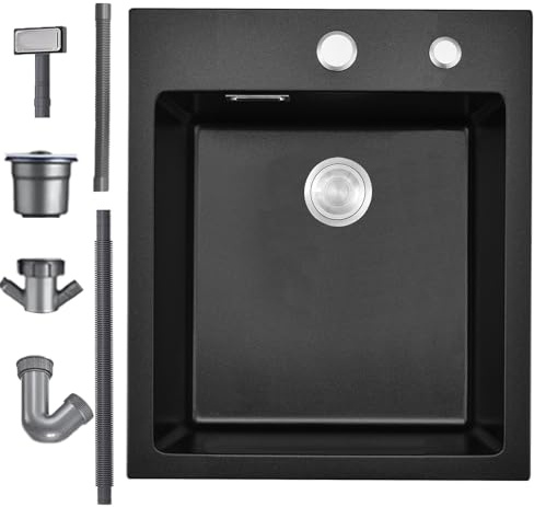 Lavandino Cucina Nero in Granito 40 x 45cm, Lavello Cucina 1 Vasca con Colino Cestello, Lavabo Cucina per Armadio da Cucina da 45cm, con Sifone Classico e troppopieno
