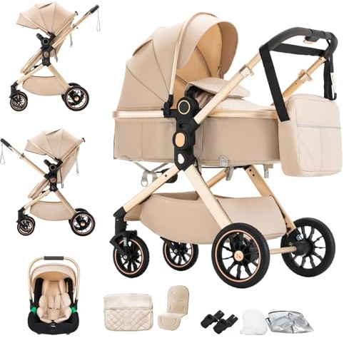 BEBBY 3-in-1 Kinderwagen KombiKinderwagen-Set 2-in-1 Buggy faltbar Luxus Hochlandschaft Neugeborenes Tragbarer Zusammenklappbarer Kinderwagen Travel System (U9-X-BEIGE, U9-X)