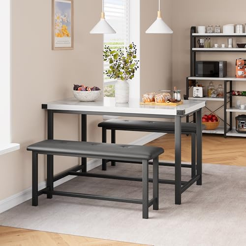 Dining Table and Bench Set for 4 Person, Space Saving Corner Kitchen Table Set with 2 Upholstered Benches, Metal Frame & Solid Wood Top for Apartment, Studio (113x70x75cm + 98x27x47cm) - White