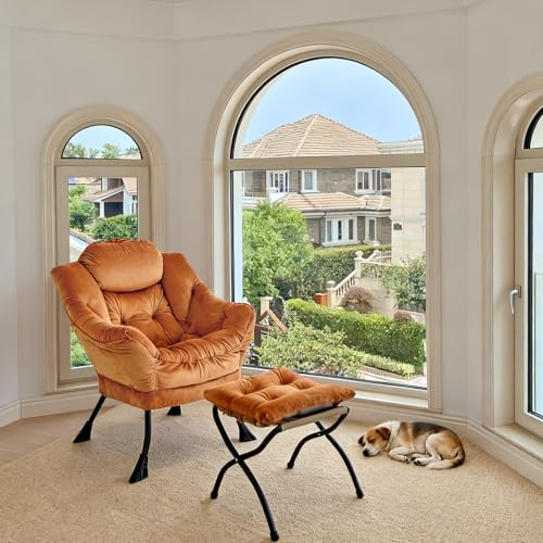 Yihomfy Fauteuil Salon Relax avec Repose-Pieds, Chaise Scandinave Confortable, Fauteuil de Lecture Velours Relax en Velours, Fauteuil D'appoint en Métal pour Salon Ou Chambre à Coucher, Orange
