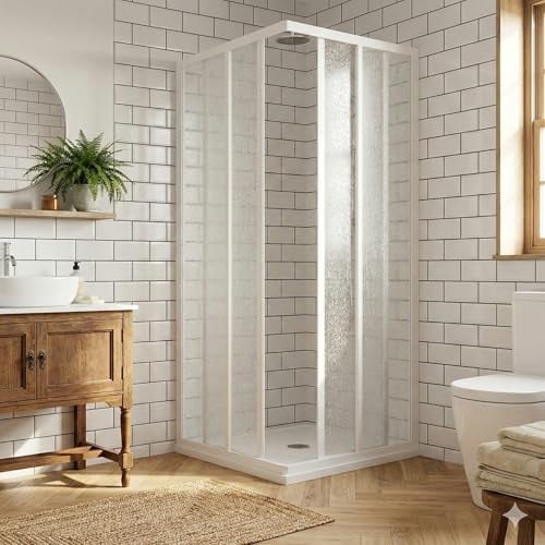 Box Doccia Camelia Telaio PVC Bianco, Pannelli Acrilico 1.5mm Effetto Goccia, Ante Scorrevoli, Apertura Angolare, Chiusura Magnetica, Regolabile, Installazione Facile, Reversibile (70x90 cm)
