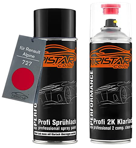 TRISTARcolor Autolack 2K Spraydosen Set für Renault/Alpine 727 Rouge Vif/Spanisch Rot Basislack 2 Komponenten Klarlack Sprühdose