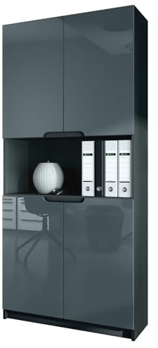 Vladon Büroschrank Logan V2, Made in Germany, Aktenschrank mit 5 Fächern und 4 Türen, Schwarz matt/Grau Hochglanz (82 x 184 x 37 cm)