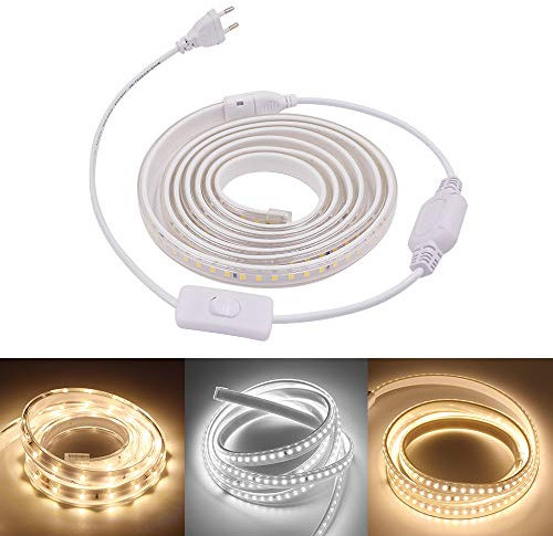 XUNATA LED Strip Streifen mit Schalter, AC 220V 2835 120leds/m IP65 Wasserdicht,Flexibel Warmweiß LED Lichtband Seil Lichter für Küche Stairway Home Party Deko (Warmweiß (120Led/m), 1M)