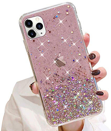 LCHULLE Pink Girls Glitter Case for iPhone 12 Pro Max - Clear TPU Bumper Silicone Case with Sparkle Bling Paillette Design