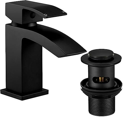 Wasserrhythm Basin Taps with Pop up Waste Black Waterfall Square Bathoom Sink Tap Mixers Brass Mono Cloakroom Faucet Monobloc with Slotted Waste Modern 1 Hole G1/2 Hoses