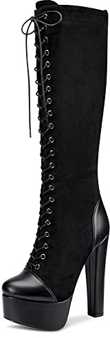 NobleOnly Donna Plateau Stivali Metà Polpaccio Cerniera Lacci Tacco a Blocco 15CM High Heels Boots Nero Scamosciato Scarpe EU42