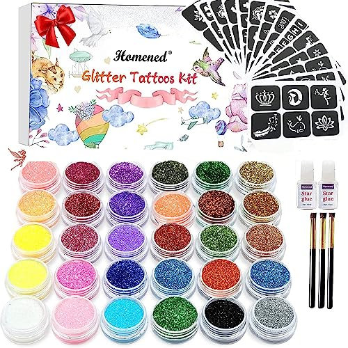 Glitzer Tattoo Set, 30 Farben Glitzer tattoos Kinder Glitzer Make Up mit 153 Schablonen, ungiftige Tattoos für Jungen Mädchen Erwachsenen Party,Bestes Geschenk für Kinder