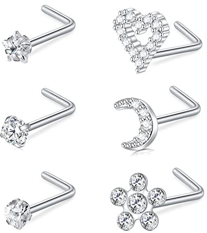 AceFun 18G Gebogene L-förmige Nasenstecker 1MM Edelstahl Nasensteg Nasenloch Piercing Diamant Zirkonia Piercing Körperschmuck Silber Herz Stern Blume Mond 7MM