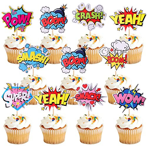 36 Stück Super Hero Boom Cupcake Topper Smash Crash Pow Cupcake Picks for Celebrating Hero Thema Baby Shower Kids Birthday Party Cake Decorations Supplies