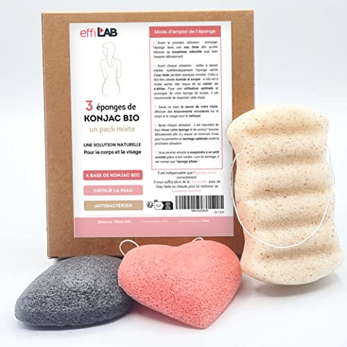 effiLAB | Bio-Konjak-Schwammpackung für Körper und Gesicht | Set mit 3 Schwämmen für Körper, Gesicht und Herz| Natürlicher Gemüseschwamm, sanfte Reinigung und Peeling