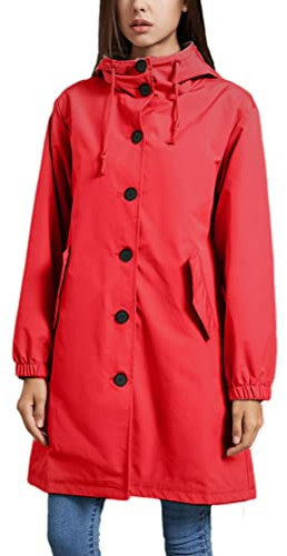 ORANDESIGNE Femmes Imperméable léger et Respirant Veste Coupe-Vent Active extérieure à Capuche Trench-Coats Long Poncho A Rouge L