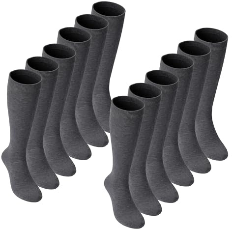 12 Pair Multipack Girls Knee High Socks | Breathable Long Cotton School Socks | Color Option - Grey, Black, White, Blue