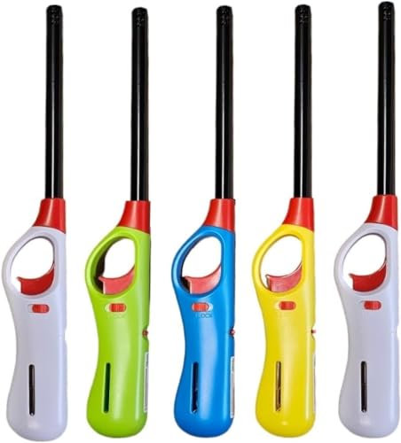 Pack of 5, Multipack Large BBQ Lighters Refillable Safety Gas with Assorted Colours Suitable for Kitchen, Barbecue, Candles, Camping, Cooking, BBQs, Fireworks etc