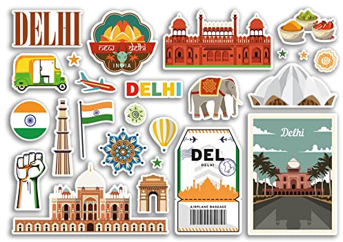 A5 Aufkleberbogen Delhi Sehenswürdigkeiten Vinyl Aufkleber – New India Indian Map Flughafen Briefmarken Skyline Flagge Reise Urlaub Stadt Reise Scrapbooking Gepäck #79105