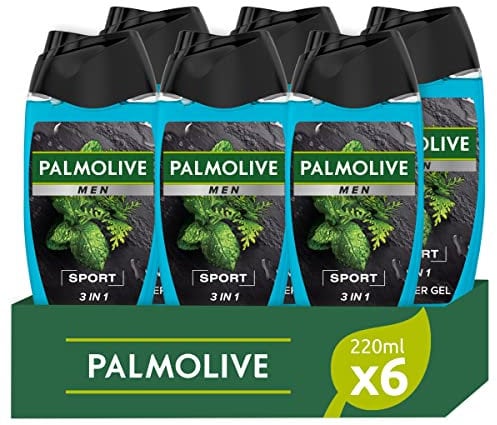 Palmolive Bagnoschiuma Men Sport 3 in 1 con oli essenziali 220ml x 6 | Docciaschiuma per uomo | Gel doccia sportivo | Profumo fresco | Detergente corpo, viso, capelli | Dermatologicamente testato