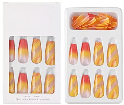 Yellow Press On Nails Line French False Nail Patch Nail Kit Glitter Sequins Nail Stickers False Nail Tips Long Clear Press on Nails (Yellow, One Size)