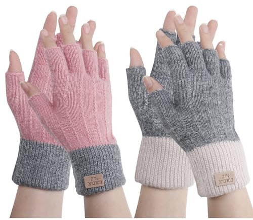 FRIUSATE 2 Pairs Fingerless Gloves for Women, Ladies Thermal Knitted Half Finger Gloves for Winter, Typing, Outdoor Activities