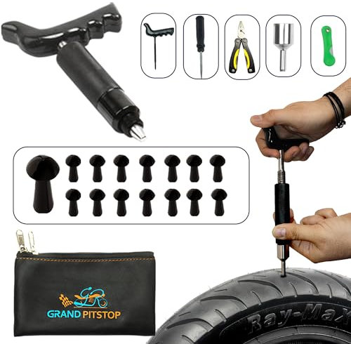 GRAND PITSTOP 22 Pcs Tire Puncture Repair Kit with Multi-Functional Folding Plier Compatible for car Motorcycle, Truck, ARB,ATV, Tractor, RV, SUV, Trailer (15 Mushroom Plugs)