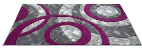B&B Door Mat Durable Non Slip and Machine Washable Rug Floor Mat - Modern Circle Design Hand Carved Dense Pile Shaggy Rug - 50 x 80 cm, Purple