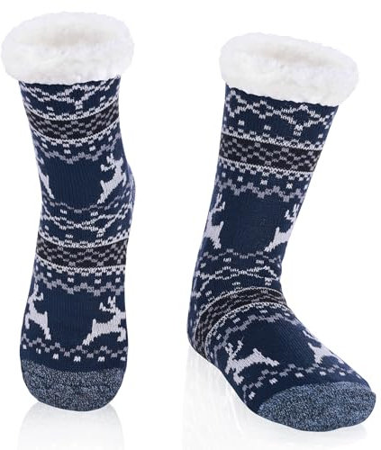 WYTartist kuschelsocken für Herren Warme Winter Thermosocken mit Vollplüsch und Wolle Dicke Warme Pantoffeln Socken 39-46 (Double Elk (Blue))