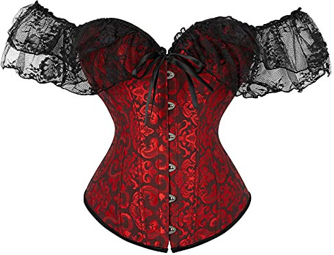 Springcmy Women Floral Lace Off Shoulder Corset Bustier Boned Fishbone Overbust Corset Bodyshaper Lingerie Party Top Wrapped Cincher (A-Dark Red, XL)