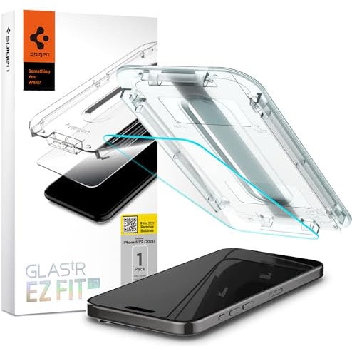 Spigen Glastr EZ Fit Displayschutzfolie für iPhone 15 Pro (2023), hochwertiges gehärtetes Glas, hüllenfreundlich mit Sensorschutz, 1 Packung