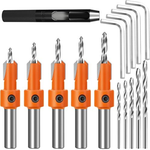 ANBOO Lot de 5 10mm Foret Fraise Bois, Foret Bois pour Poinçonnage et Chanfreinage, Alliages Foret Chanfrein à Bois Chanfrein avec 1Pcs Coup de Poing, 5Pcs Carotte de Forage et Clés Hexagonales