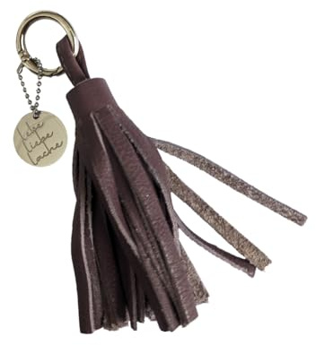 Schlüsselanhänger Taschenanhänger mit Leder-Quaste in Dunkeltaupe und Mantra-Charm aus Edelstahl LEBE LIEBE LACHE