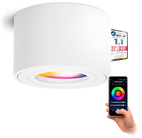 linovum SMOL Aufbauspot weiß rund IP44 Smart LED WLAN RGBW App flach 65mm | Smarter Deckenspot weiß IP44 - nur 65mm hoch, per App & Alexa steuerbar, RGB-Farblicht, für Bad, Küche & außen, ohne Hub