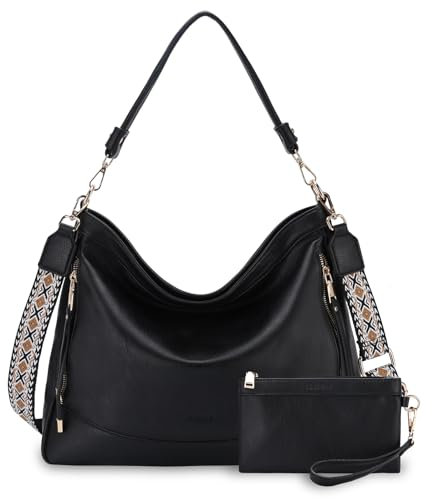 RAVUO Handtaschen Damen Mittelgroß, Shopper Lederhandtasche Umhängetasche Elegant Hobo Taschen Set Schultertasche für Büro Schule Einkauf Reise,Schwarz