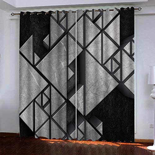 2Er Set Verdunkelungsvorhang 3D Druck Solide Geometrie Schwarz Grau Muster Vorhänge Blickdicht 230X234cm (HxB) Gardinen Wohnzimmer Kinderzimmer Ösenvorhang Fensterdekoration Blickdichter