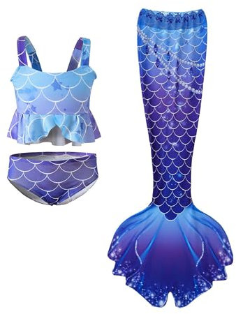 Aiihoo Queues de Sirène Mermaid Bikini Maillots de Bain Costume Cosplay pour Enfants Filles 4-13 Ans Bleu Royal 12-13 Ans