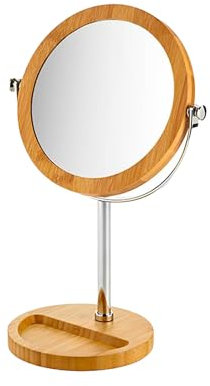 Amlife Paris - Miroir Grossissant sur Pied en Bambou avec Base De Rangement - Ø17cm - Hauteur 32cm - Petit Miroir Rond - Double Face - Miroir Maquillage - Grossissement x5 - Gamme Hôtellerie & Spas