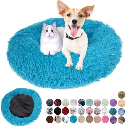Ryanbem Hundebett Rund Plüsch Hundekissen Weich Warm Hundebetten Anti-Angst, Hundehütte Flauschig Kissen Hundebett Waschbar für Kleine, Mittelgroße, Große Hunde Blau 60cm